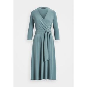 Lauren Ralph Lauren Evening Dress Women 10 Teal Blue Ruched Faux Wrap 3/4 Sleeve